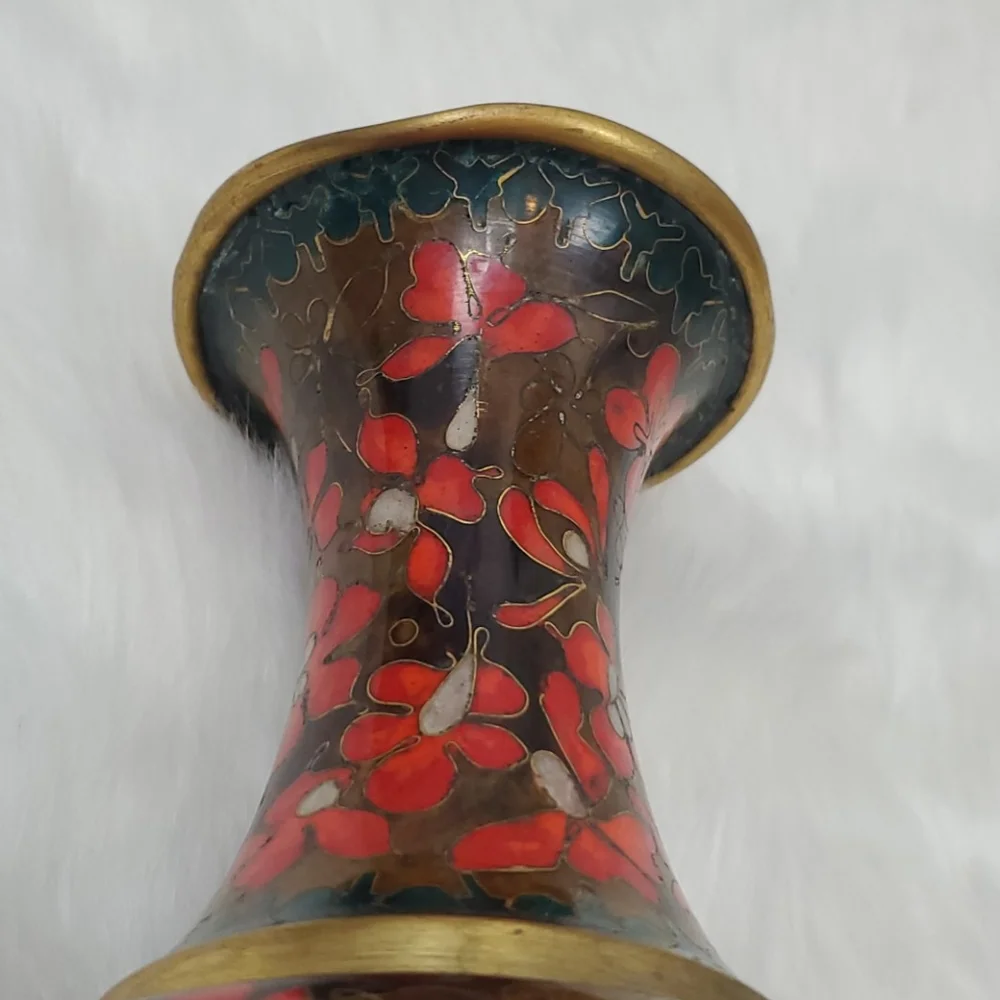 Vintage Cloisonn Vases Set 2 Red Blue Robert Kuo's Chinese metal Enamel Floral